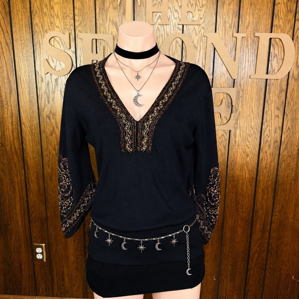 Y2K Black Beaded Knit Top Michelle Nicole Womens S Boho Sequin Whimsigoth Witchy